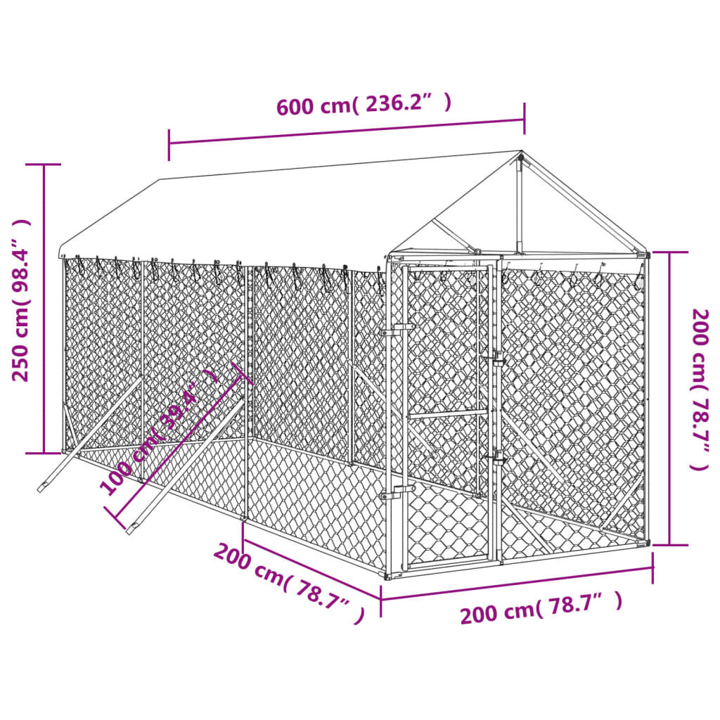 vidaXL Perrera de exterior con toldo acero galvanizado plata 2x10x2,5m, , large Imagen numero 3